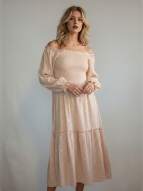 Cotton Textured Blush Cream Long Sleeve Maxi Dress With Smocked Bodice